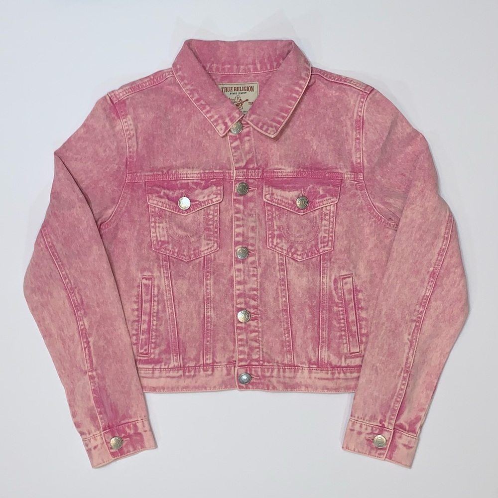 True Religion Pink Acid Wash Denim Trucker Jacket-Size L New